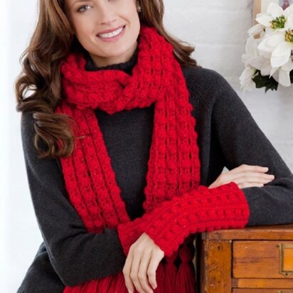 Lacy Bobble Scarf and Wristlets in Red Heart Shimmer Solids - LW2627