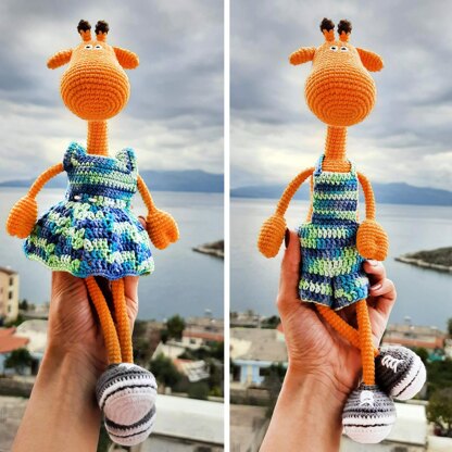 Amigurumi giraffe in dress and jumpsuit