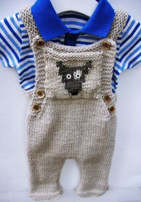 Baby’s Knitted Dungaree with motif pocket (dog or cat) 0-3 years