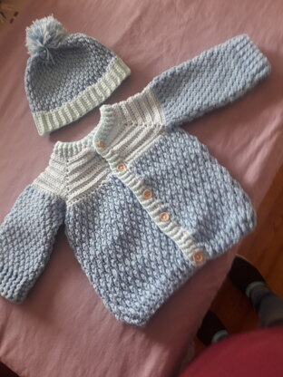 Crochet baby boys cardigan and cap set