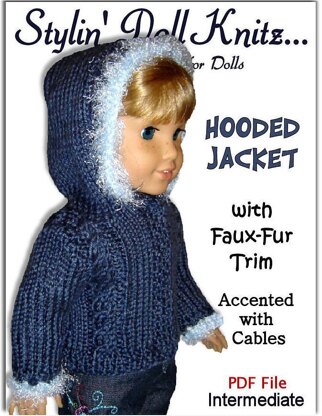 Faux Fur Hooded jacket, PDF Doll clothes knitting pattern, fits Amaerican Girl Doll and 18 inch dolls