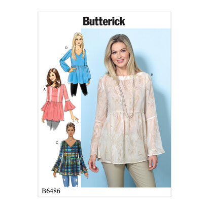 Butterick Misses' Loose-Fitting, Gathered Waist Pullover Tops with Bell Sleeves B6486 - Sewing Pattern