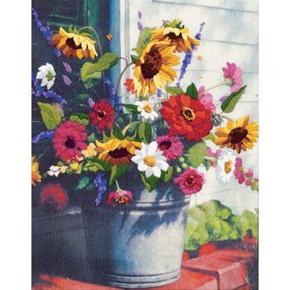Dimensions Bucket of Flowers Gallery in Wool/Yarn Crewel Emboirdery Kit - 11x14in
