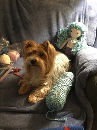 Jasper helps me crochet mermaids