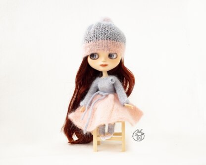 Pink and gray outfit for doll knitted flat