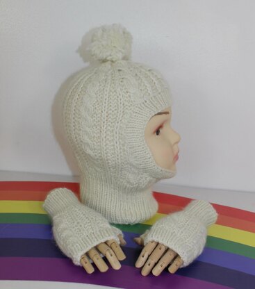 Toddler Child Aran Cable Bobble Balaclava & Gloves