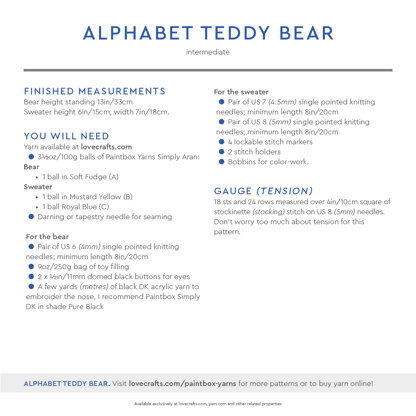 Alphabet Teddy Bear - Free Toy Knitting Pattern for Children in Paintbox Yarns Simply Aran