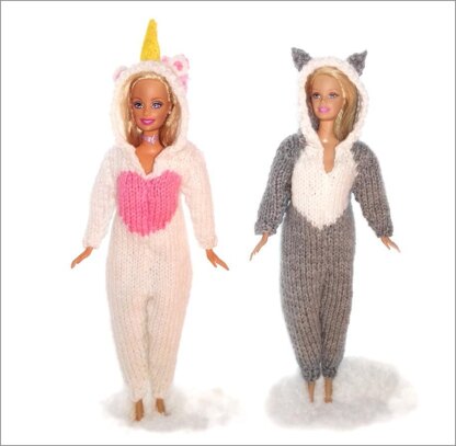 Unicorn & Cat onesie for Barbie, 11-12" doll