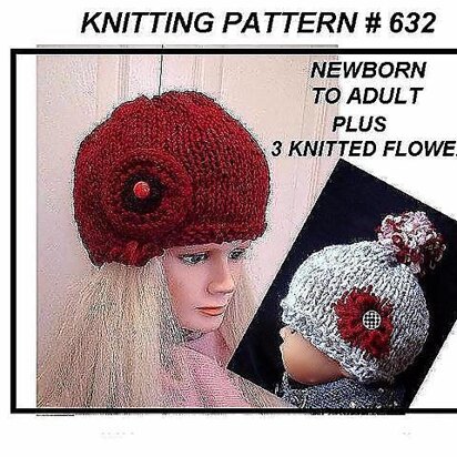 632 RED HAT, Knitting pattern, baby to adult