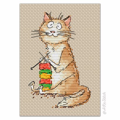 Knitting Mad Cat Cross Stitch PDF Pattern
