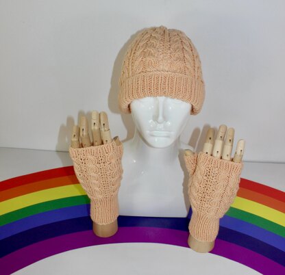 Adult Teen Aran Double cable Beanie Hat & Fingerless Gloves Circular