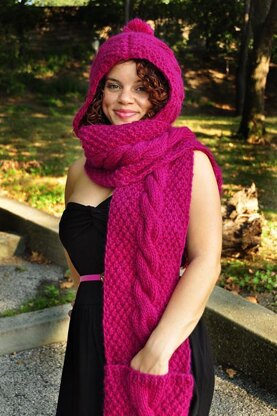 Trifecta Cable Knit Hooded Scarf with Pockets