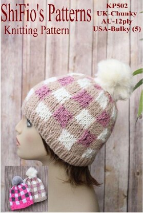 Knitting pattern plaid hat, adult and child #502