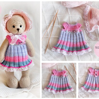 Teddy Bear and Doll Clothes: Dress and Bonnet