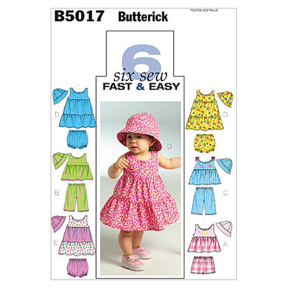 Butterick Säuglingsoberteil, Kleid, Höschen, Shorts, Hose und Mütze B5017 - Schnittmuster