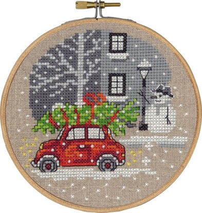Permin Red Fiat Cross Stitch Kit (with hoop) - 13cm