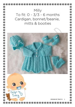 Milly Baby Cardigan, Hat, Mitts & Booties knitting pattern