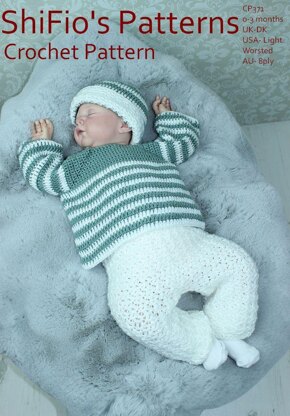 Crochet pattern baby jumer/sweater, trousers and hat UK & USA Terms #371