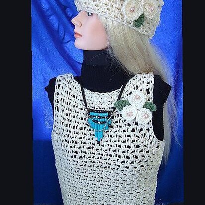 566 Crochet Tank Top, Hat, Flower, Moss Stitch