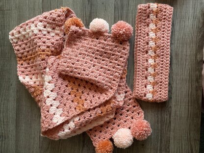 Pom Pom Granny Scarf and Head Band Set