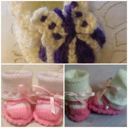 Baby Knitting patterns Mary Janes Sock top Shoes and Butterfly Cuff Boots sizes doll/prem to 0-3mths, 3-6mths