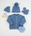 Riley unisex baby knitting pattern cardigan, 2 hats and booties 0-6mths