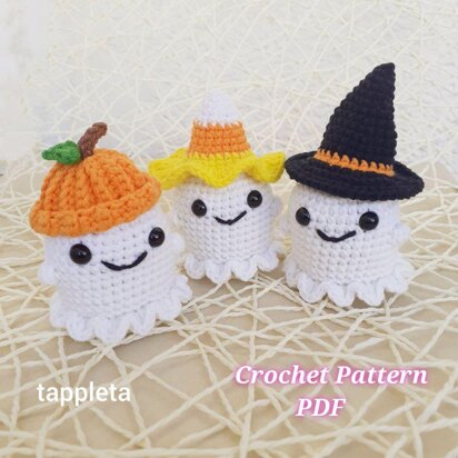 Ghost and 3 Halloween hats mini crochet pattern, mini witch hat, mini candy corn hat, pumpkin hat, crochet halloween ornament ghost