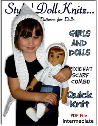 Girls and dolls hat scarf combo. Pixie style. Fits American girl and girls 4-10. 406