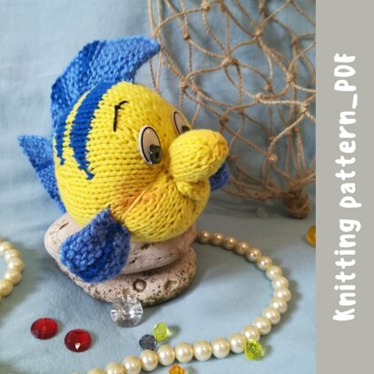 Knitting pattern for the Flounder toy, soft toy fish based on the Little Mermaid