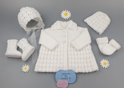 Eira matinee, bonnet or beanie, booties & mitts Baby Knitting Pattern