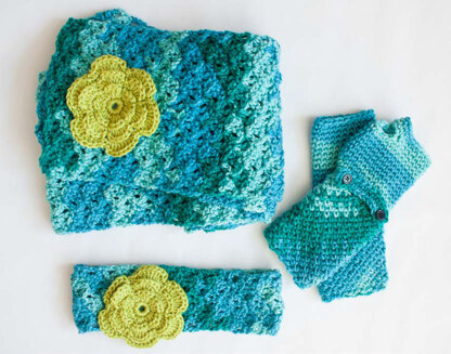 Cozy Posy Headband, Fingerless Gloves and Scarf Set in Caron Simply Soft & Simply Soft Ombre - Downloadable PDF