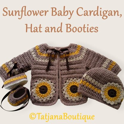 Sunflower Baby Cardigan, Hat and Booties