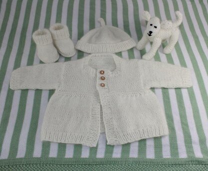 New Baby Matinee Coat, Booties Beanie and Toy Lamb