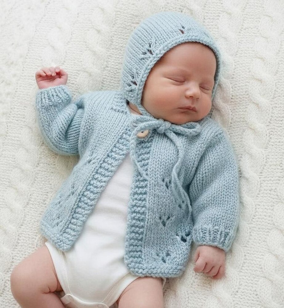 Eyelet Baby Cardigan and Bonnet Set 0-6 months Knitting pattern by