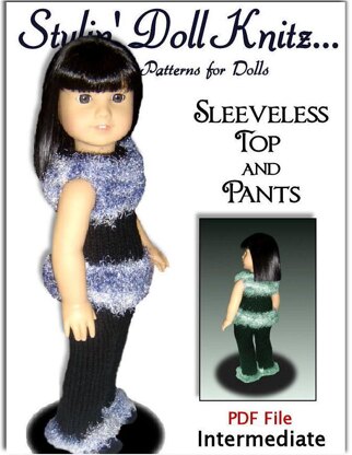 Doll clothes knitting pattern, for American Girl and 18 inch, Sleeveless top and pants. 032