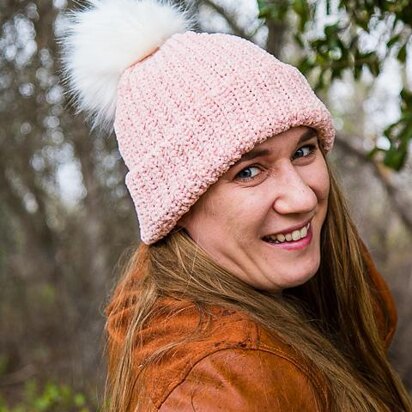 Knit Look Hat with Pom Pom