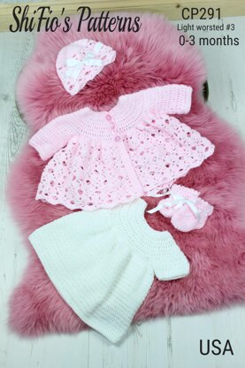 Crochet Pattern For Baby Matinee Jacket , Dress, Hat and Booties #291