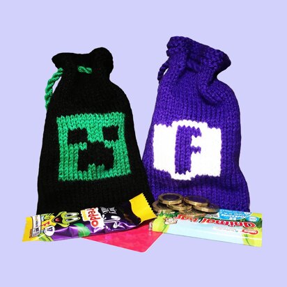 Fortnite and Minecraft gift bags - 2 sizes - knitting pattern