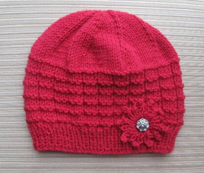 Red Hat in Waffle Stitch with a Knit Flower for a Lady