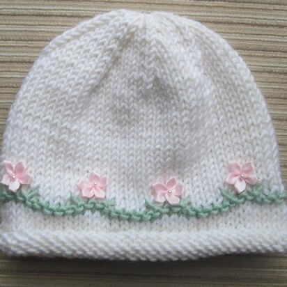 White Hat with Pink Flowers for a Girl in Sizes 6 months and 2-4 years