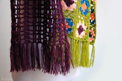 Farfallina patchwork crochet scarf with fringe