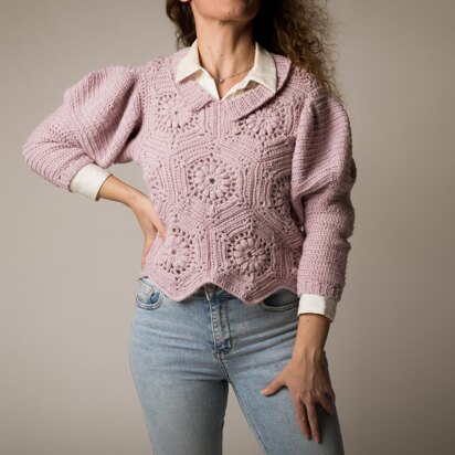 Manyko Granny Hexagon Sweater with Puff-Shoulder Sleeves and V-Neck