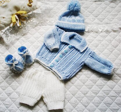 Baby knitting pattern Cardigan, Shorts, Hat and Boots, 0-3 Month Baby, 20-22 inch Doll