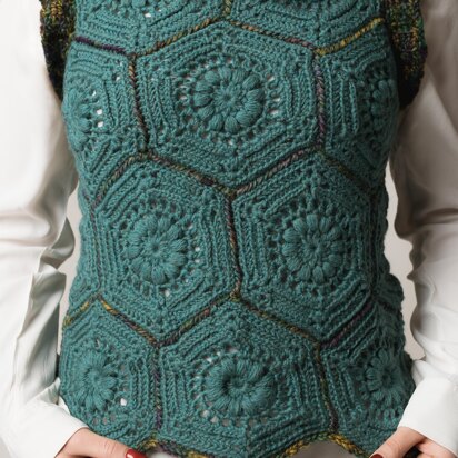 Manyko Vest Crochet PATTERN + video tutorial - Granny Hexagon Gilet with V-Neck and zigzag waistline, UK terms