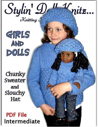 Girls and Dolls matching Sweater and Slouchy hat, 18 inch doll 543