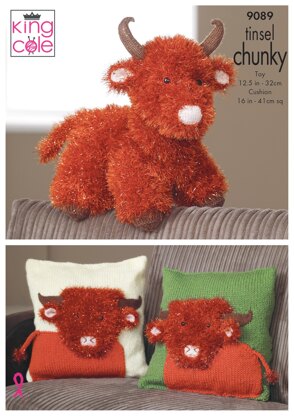 Tinsel Highland Cow & Cushion Covers in King Cole Tinsel, King Cole Big Value Chunky, King Cole Dollymix DK - 9089pdf - Downloadable PDF