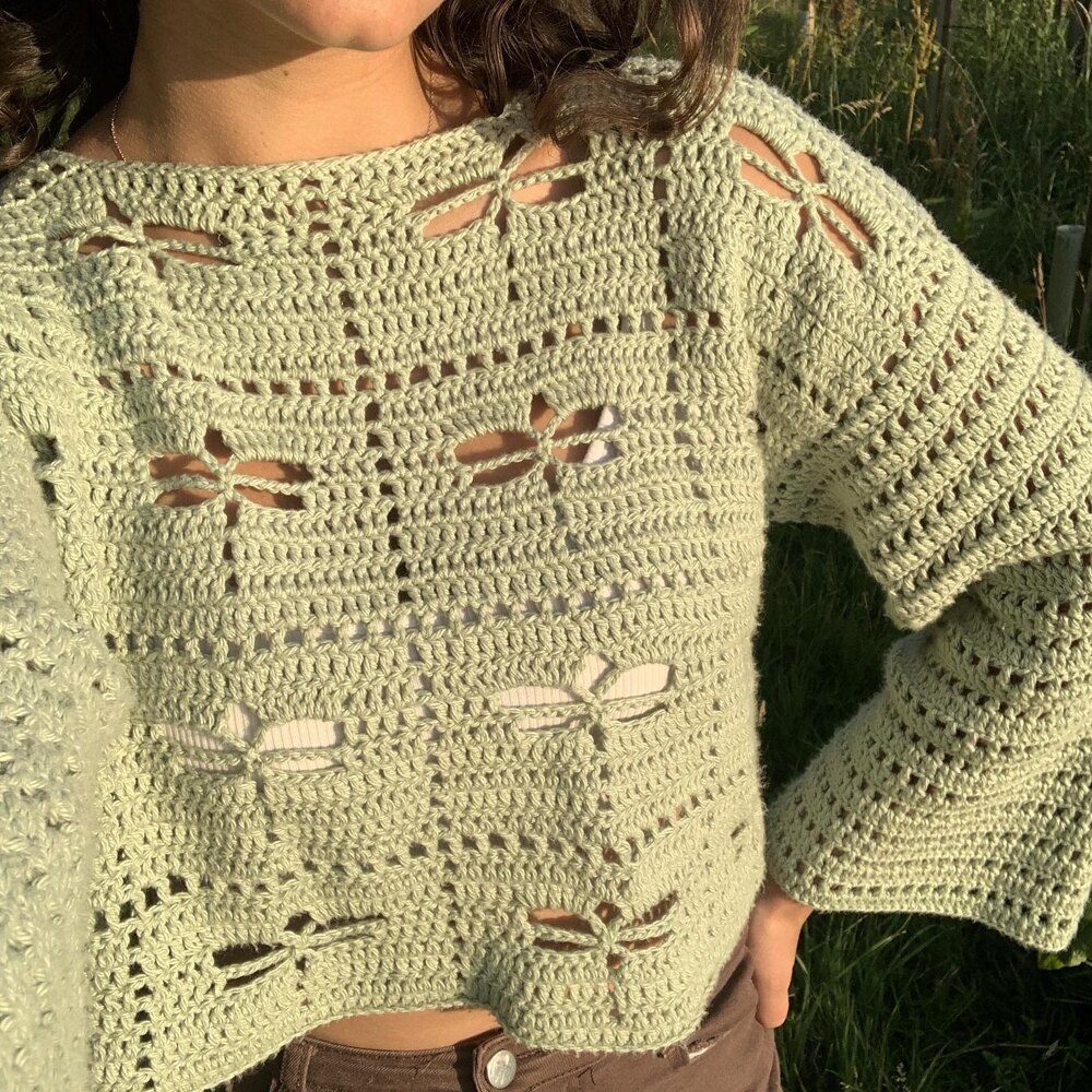 アトリエまりこ 昭和レトロ カントリー フォークロア 古着 透かし編み ニット The Dragonfly Sweater Crochet pattern by Marina Mitra | LoveCrafts