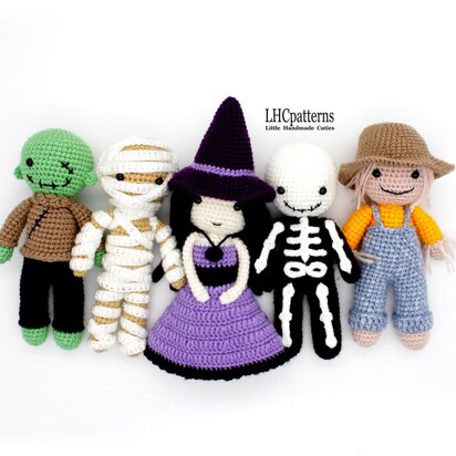 Crochet Pattern: Halloween Characters – Scarecrow, Skeleton, Witch, Mummy and Zombie Crochet Dolls (English)