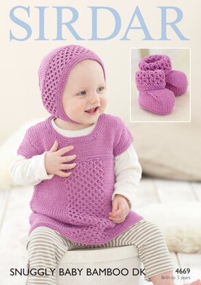 Dress, Bonnet and Bootees in Sirdar Snuggly Baby Bamboo DK - 4669- Downloadable PDF