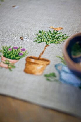 Vervaco Linen Tablecloth Garden Equipment Cross Stitch Kit - 80cm X 80cm/32in X 32in